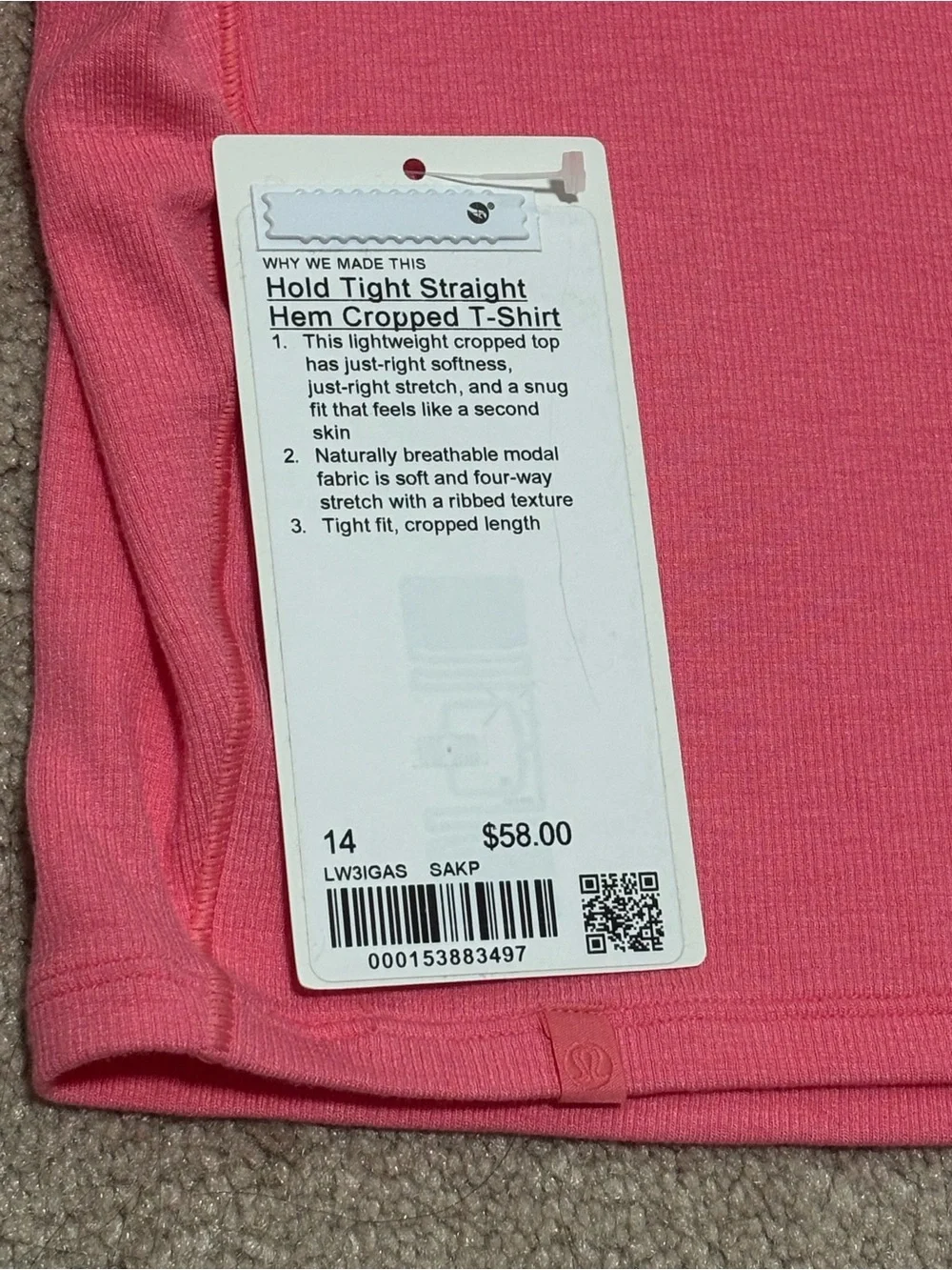 Lululemon athletica Hold tight straight Cropped t-shirt size 14 NWT